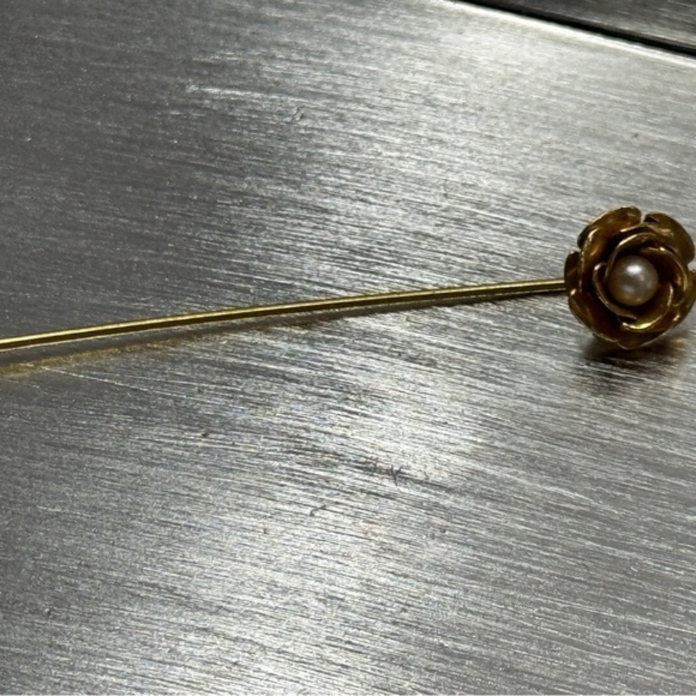 Vintage Gold Rose Stick Pin with Faux Pearl – Mid Century Brooch Accent